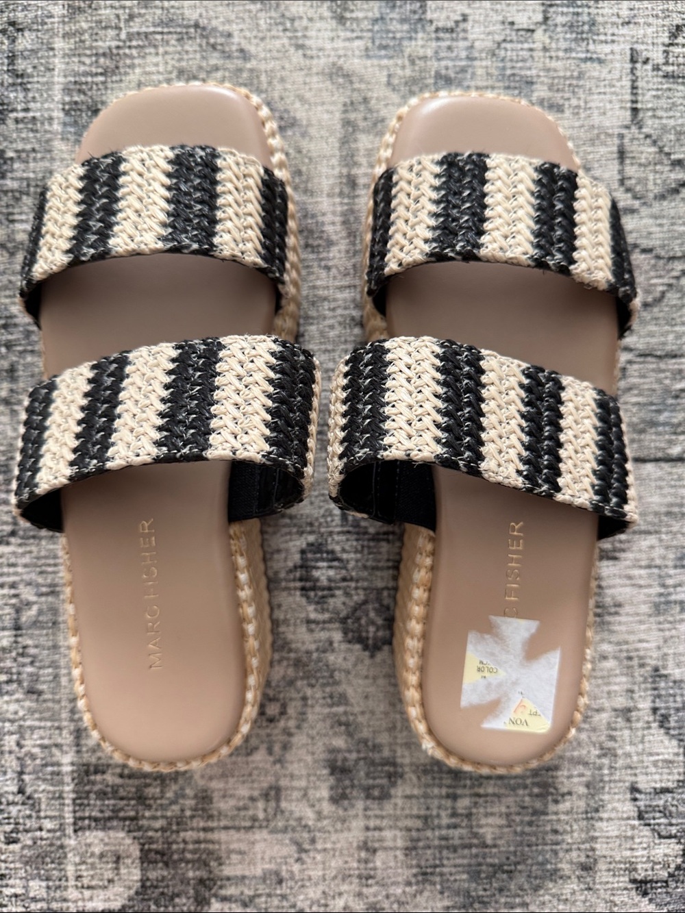 Marc Fisher Black and Cream Striped Woven Slide Sandals